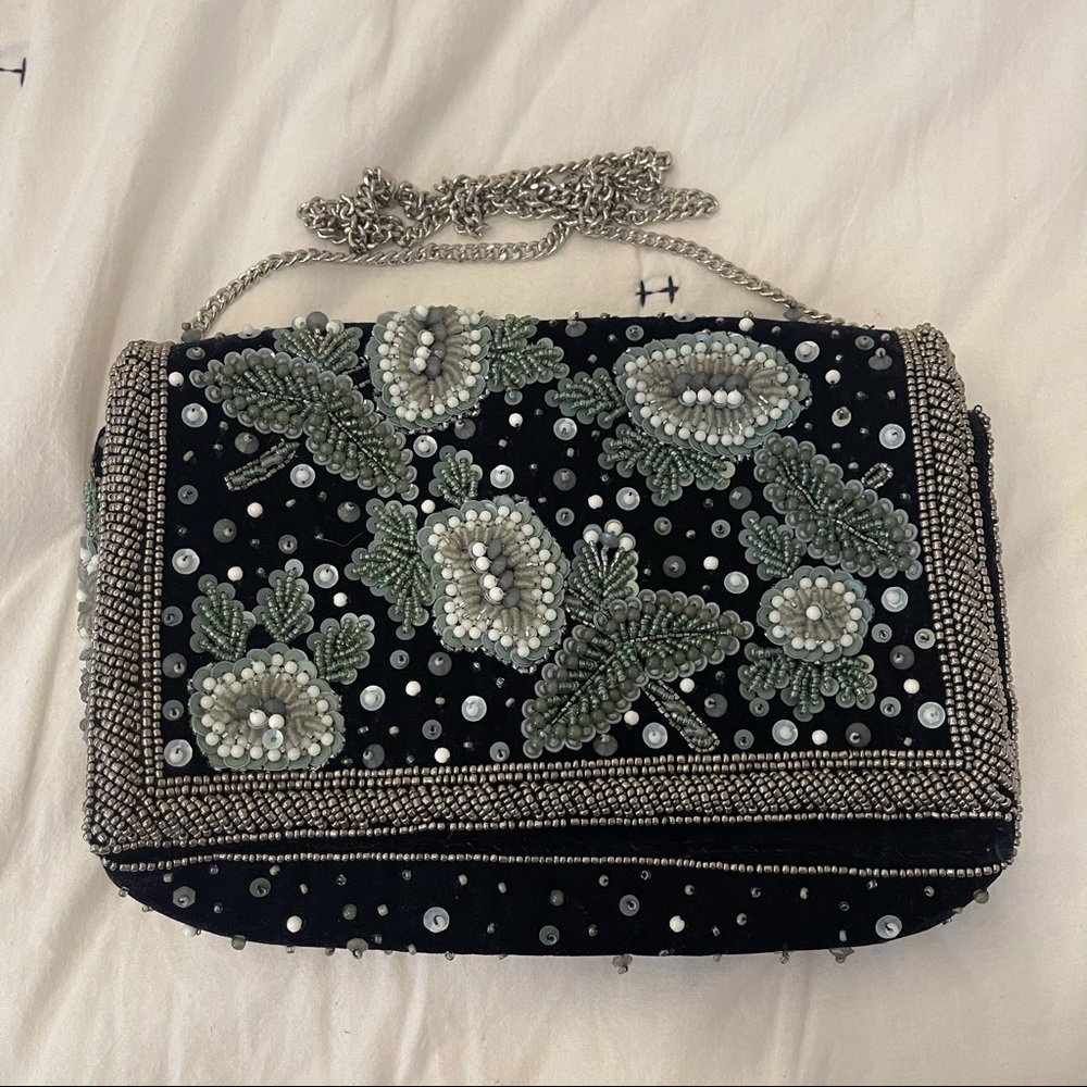 Anthropologie Velvet Beaded Crossbody Clutch